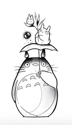 a black and white drawing of a totoro holding an umbrella over its head