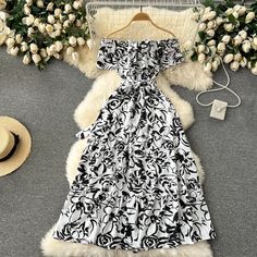 Vintage Elegant Slash Neck Short Sleeve Print Bandage Dress  A-line Fashion Spring Summer Vestidos Long Women Dress, Floral Print Dress Summer, Romantic Floral Print, Dress 2024, Fashion Bohemian, Vacation Beach, Dress Party, Beach Dress, Middle Age