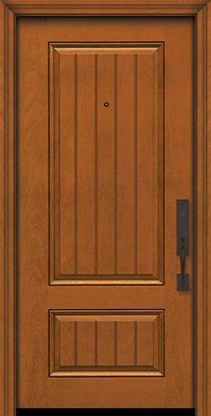 a wooden door with a black handle on the front and side paneled wood doors