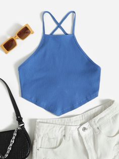 Royal Blue Sexy   Cotton Plain Cami Embellished Slight Stretch Summer Women Tops, Blouses & Tee Cute Blue Tops, Cute Blue Crop Top For Summer, Shein Crop Tops Aesthetic, Blue Kawaii Tops For Summer, Blue Summer Crop Top With Bra-friendly Design, Blue Kawaii Summer Tops, Bandana Top, Backless Cami Top, Blue Crop Tops