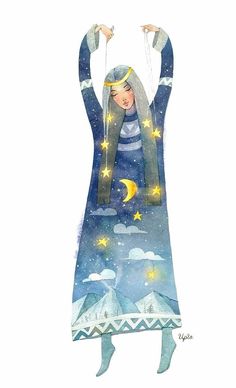 a drawing of a woman with her arms in the air and stars above her head