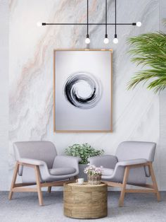 a living room with two chairs and a coffee table in front of a marble wall