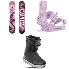 some snowboards and skis are shown in three different pictures, one is pink