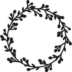 a black and white drawing of a wreath with leaves on it's sides, in the shape of a circle