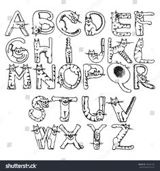 hand drawn alphabet with cats and letters in doodle style on white background stock photo