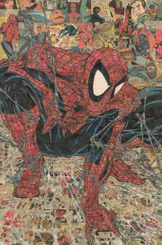 a drawing of spider - man on the ground with many people around him and in the background