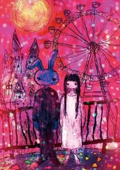 two people standing next to each other in front of a ferris wheel and pink sky