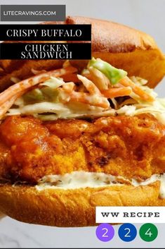 a chicken sandwich with coleslaw and slaw is shown in this ad for crispy buffalo chicken sandwiches