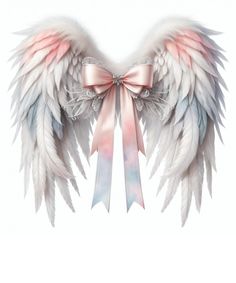 an angel wing with pink and white feathers on it's wings, tied in a bow