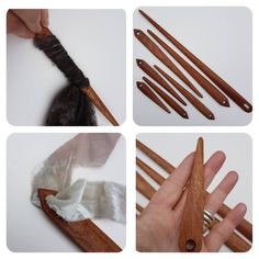 four pictures showing how to use wooden knitting needles