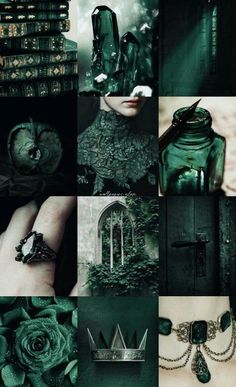 a collage of photos with green and black colors, including an image of a woman's face