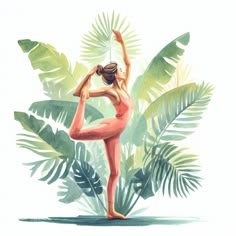 a painting of a woman doing yoga in front of some plants and palm tree leaves