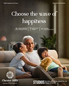 an older man and two children sitting on a couch with the caption choose the wave of happiness