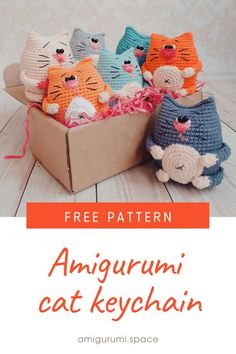 there are crocheted cats in a box with the text free pattern for an amigurmi cat keychain