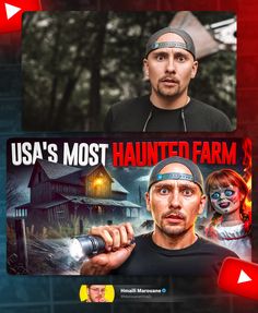 a man holding a flashlight in front of a sign that says usa's most haunted farm