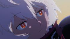 an anime character with white hair and orange eyes looks at the camera while staring into the distance