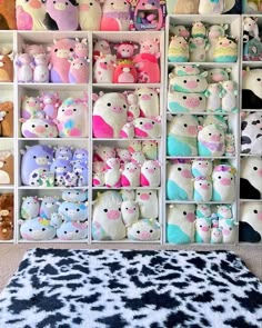 a room filled with lots of stuffed animals on shelves next to a black and white rug