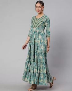 Indian Women Green Floral Cotton Anarkali Flared Kurta Kurti New Dress Top Tunic | eBay Kurti Long, Cotton Anarkali, India And Pakistan, Dress Top, Anarkali, Indian Dresses, Traditional Outfits, New Dress, Things To Sell