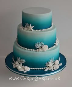 a blue wedding cake with seashells and pearls on the top is featured in an instagram