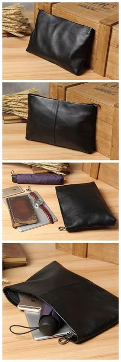 three different views of the inside of a black leather purse on a wooden table with writing utensils