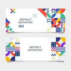 two abstract geometric banners with colorful shapes