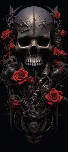 a skull with red roses on it's head and an arrow in the middle