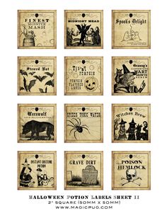 halloween labels with pumpkins, witches and other things on them in black and white