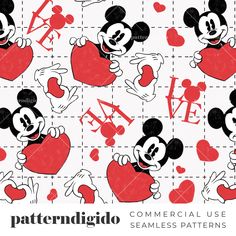 mickey mouse pattern with hearts and the word love in red, black and white colors