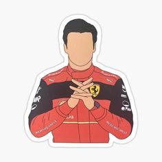 a man in a red racing suit with his hands folded up to the chest sticker