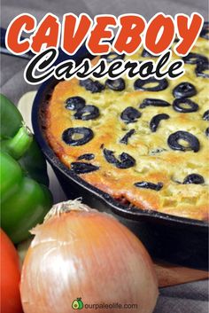 an image of a casserole with olives and onions on the side next to peppers