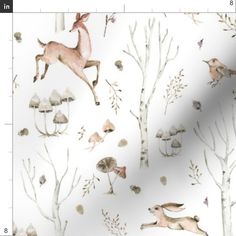 a white wallpaper with deer and mushrooms on it