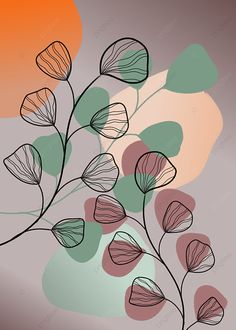 an abstract floral background with leaves and flowers in pastel colors on a gray, pink, green, orange and grey color scheme