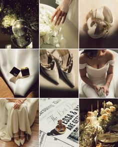 a collage of photos with white and gold accessories