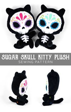 sugar skull kitty plush sewing pattern is shown in three different positions, including the head and tail