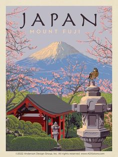 a japanese poster with a bird perched on top of a pagoda in front of a mountain