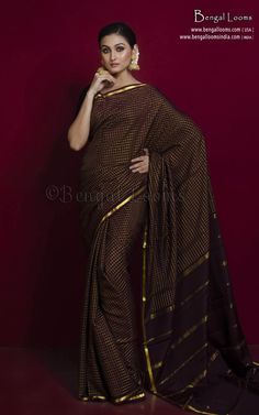 Designer Crepe Silk with Woven Sugar Cube Checks Saree in Hickory Brown and Brush Gold Gold Bengal, Checks Saree, Gold Blouse, Tussar Silk Saree, Silk Yarn, Mysore