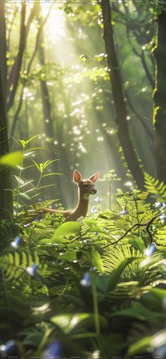 a deer in the middle of a forest with sunbeams and bluebells