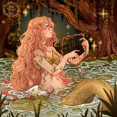 a woman with long hair sitting in the water holding a harp next to a tree