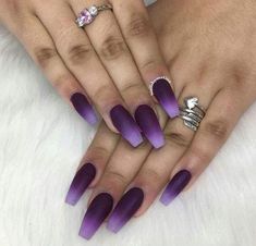 70+ Attractive Acrylic Coffin Nails To Try This Fall; long acrylic coffin nails; acrylic coffin nails fall; glitter acrylic coffin nails; matte acrylic coffin nails; coffin shaped acrylic nails. Nails And Rings, Ombre Nail Design, Ultraviolet Color, Color Manicure, Purple Ombre Nails, Purple Glitter Nails, Ombre Nail Art Designs, Purple Nail Art