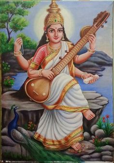 Saraswati Devi Painting On Canvas, Saraswathi Painting, Saraswati Mata Drawing