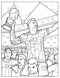 a coloring page with a soccer player holding the trophy