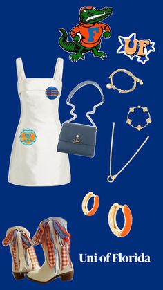 an assortment of items including shoes, bracelets and necklaces on a blue background