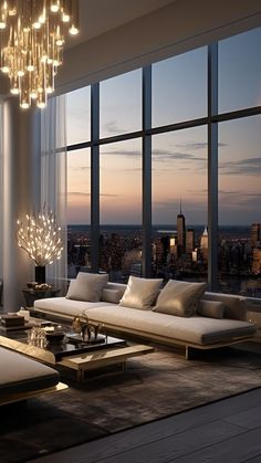 a living room filled with lots of furniture and large windows overlooking the city at night