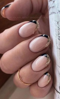 85  Short French Tip Nails That Are Chic & Timeless! Glitter Tips Gel Nails, Black With Gold Tips Nails, Gold Tipped French Manicure, White And Glitter French Tip Nails, Glitter Tips Nail, French Manicure Gold Tips, Gold Black Nails Design, French Biab Nail Designs, Black And Gold Tip Nails