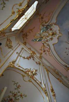 the ceiling is decorated with gold and red flowers, leaves and scrolls on it's sides