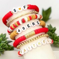 Custom San Francisco 49ERS Football Bracelet Stack Red and Gold 49ers Personalized Gift for Her Hypoallergenic Jewelry Super Bowl LVIII - Etsy Football Bracelet, Clay Bracelets, San Francisco 49ers Football, 49ers Football, Polymer Clay Bracelet, Bead Weaving Patterns