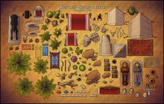 a bunch of different items that are on a board game map, with the words rest less sands aster written in large letters