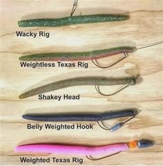 five different types of fishing lures on a wooden surface, labeled in the following words