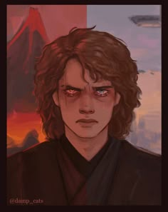 Digital painting of Anakin Skywalker, his left side has an angry sith eye with Mustafar behind, his right side has a sad blue eye with a tear with the Coruscant sky behind Older Anakin Skywalker Fanart, Sith Fanart, Anakin Skywalker Fanart, Anakin Darth Vader, Anakin Vader, Fanart Illustration, Star Wars Love