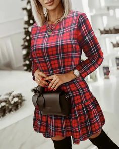 Lasaky - Plaid Print Long Sleeve Ruched Casual Dress Tartan Outfit Women, Tartan Outfit, Christmas Tartan, Bodycon Dress Casual, Plaid Decor, Tight Mini Dress, Red S, Ruched Bodycon Dress, Plaid Fashion